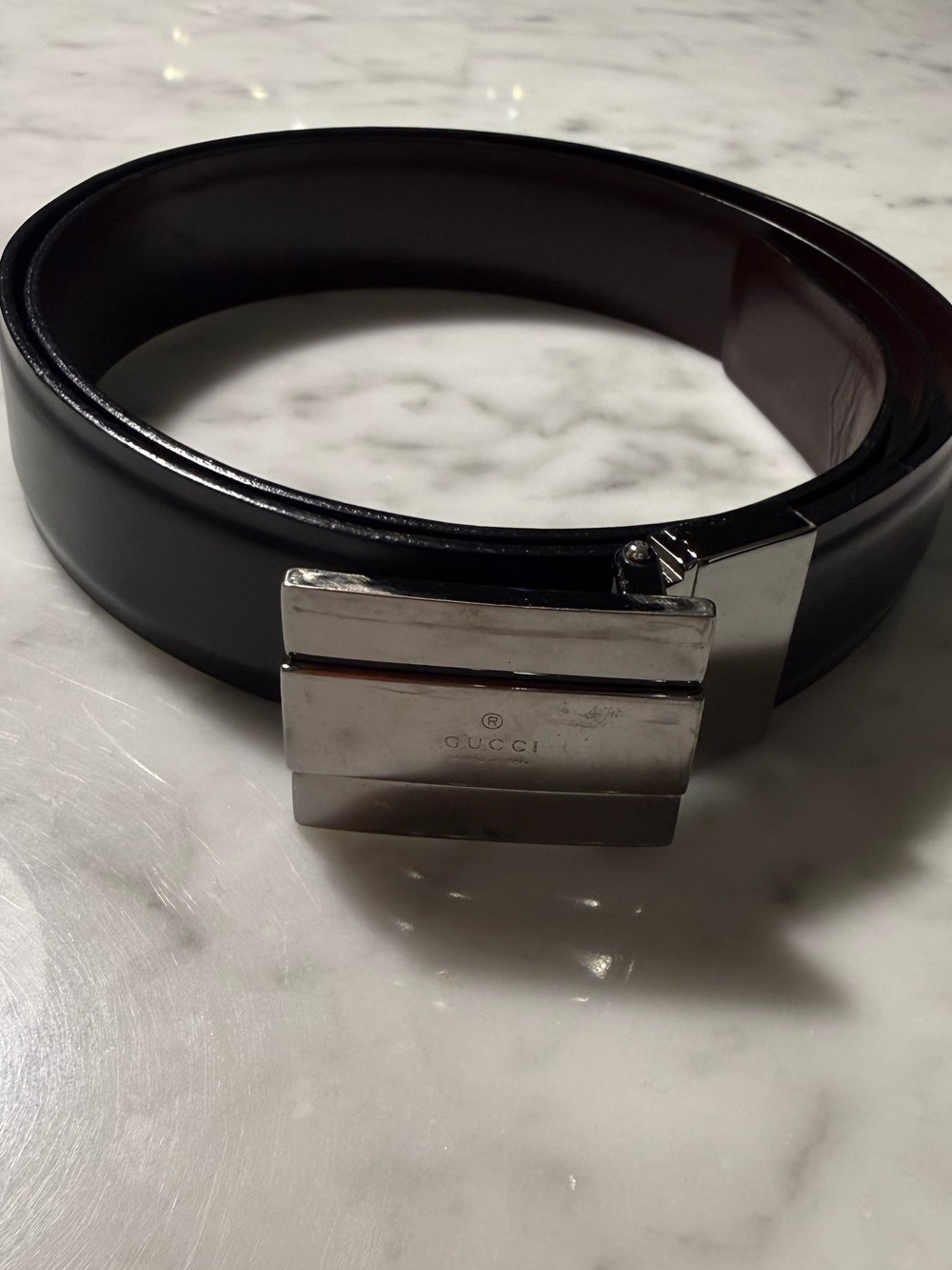 Gucci Black Leather Belt with Silver Rectangular Buckle Sz 90 36